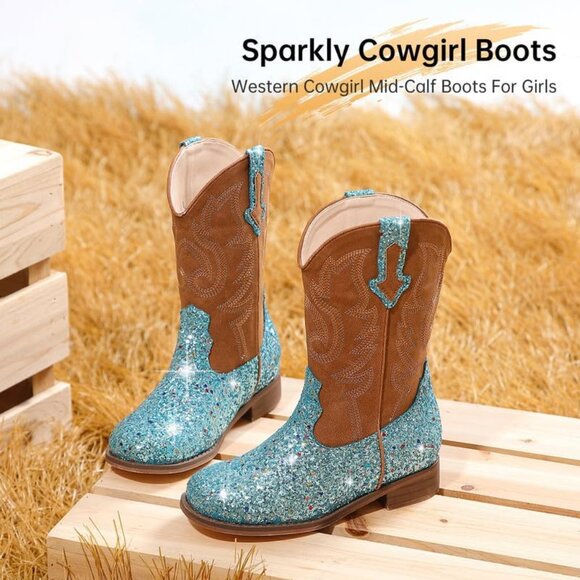 Kids Blue Sequins Boots Glitter Toddler Little Big Mid Western Riding Shoes - Picture 4 of 7